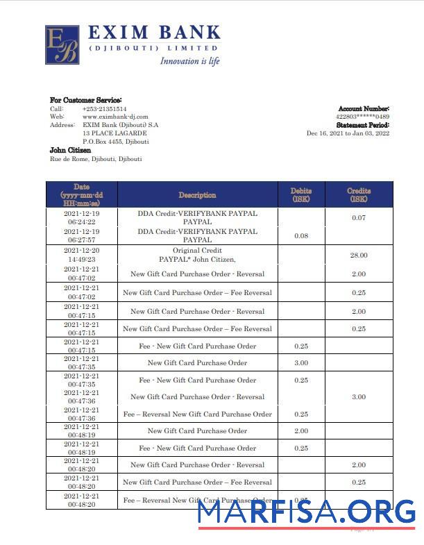 Realistic Djibouti Exim bank statement word real example